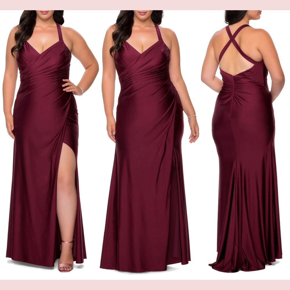 NEW $360 La Femme‎ Curve [ 22 ] Ruched Satin Jersey Column Gown Dark Berry G1083